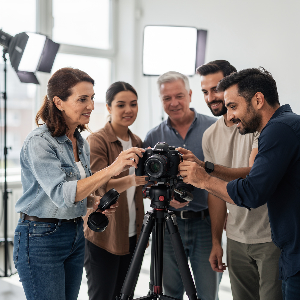 Instructor teaching a small group around a film camera