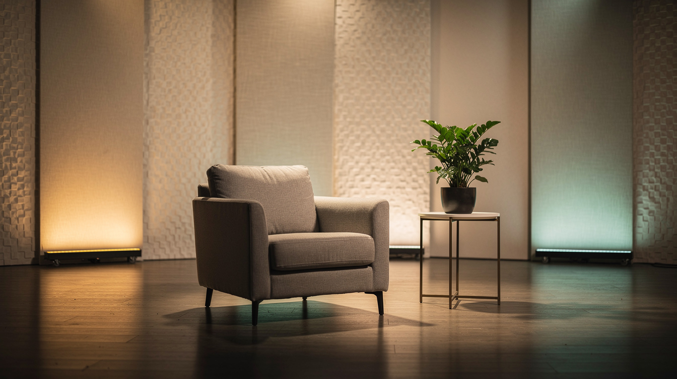 Empty styled talk show studio set with ambient lighting