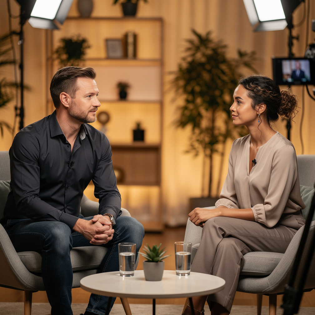 Two people having a filmed conversation in a studio