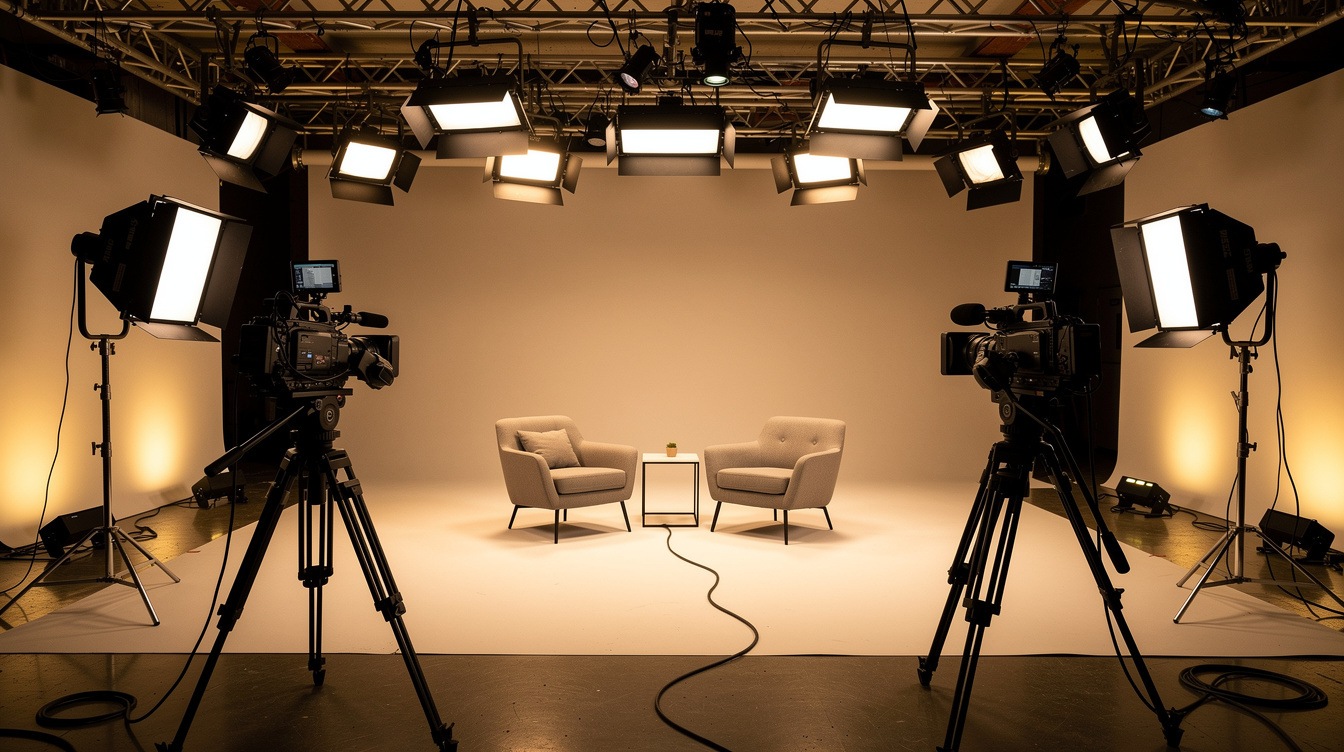 Wide shot of a professional studio with lighting rig