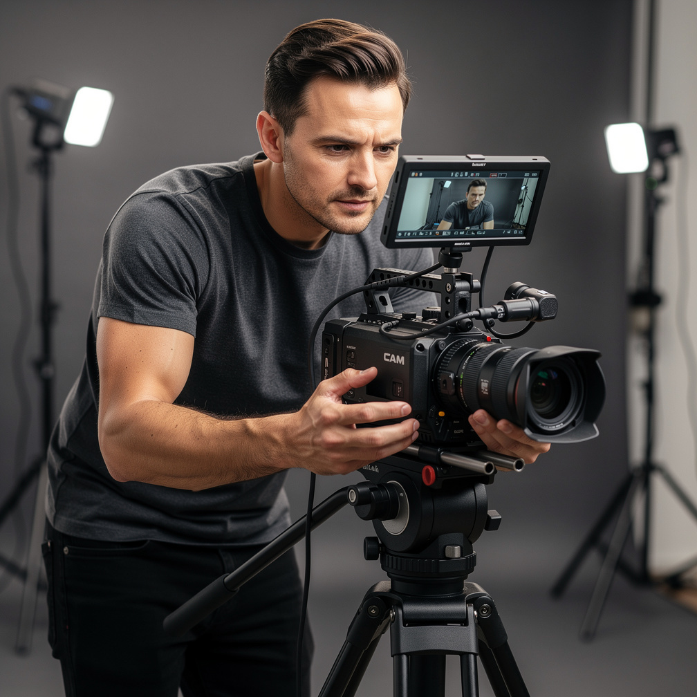 Camera operator framing a shot on a monitor