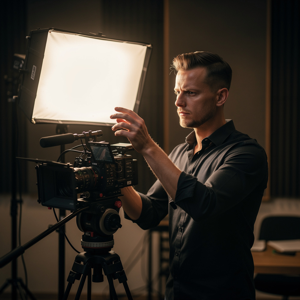 Videographer adjusting a softbox light on an interview set