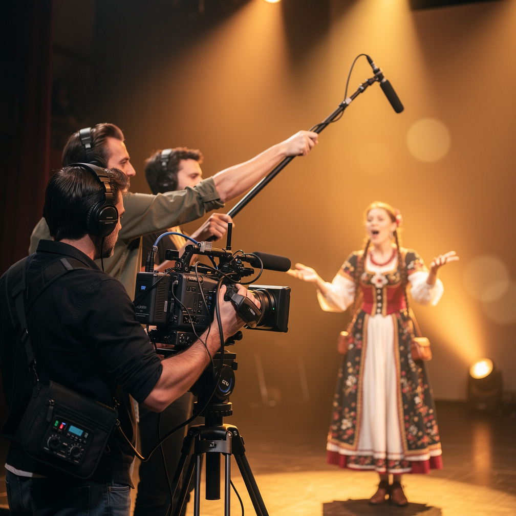 Film crew recording a performer on a cultural show stage