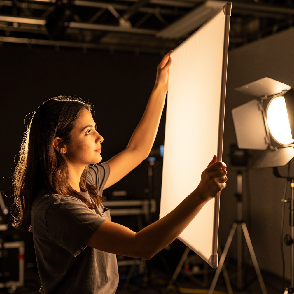 Person setting up soft studio lighting with a diffuser