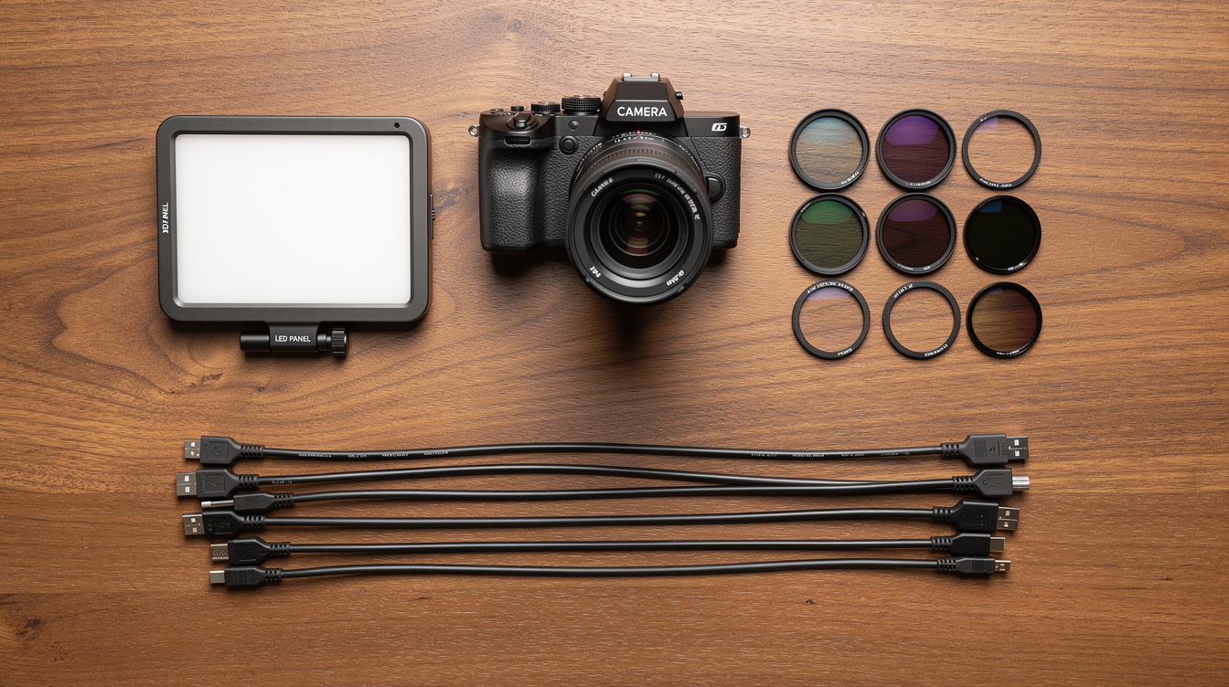 Flat lay of camera and lighting equipment on a table