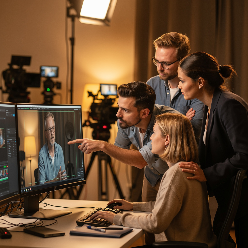 Team of media producers reviewing footage together in a studio